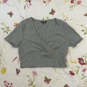 Gray Ribbed Wrap Top